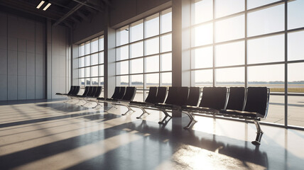 Wall Mural - airport lobby waiting area with chairs and large windows.