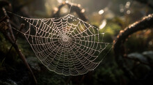 Intricate Spider Web Glistening With Dewdrops In The Morning Light, Showcasing The Beauty And Complexity Of Nature.