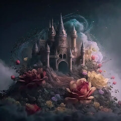 Fantasy Castle in an enchanted garden, Fairy tale landscape, magnificent scenery. Original digital vector illustration.