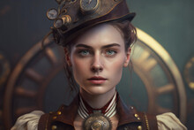 Generative AI Illustration Of Serious Young Female Wearing Steampunk Style Outfit And Vintage Headdress Looking At Camera Against Blurred Background