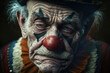 © ADDICTIVE STOCK - Generative AI closeup image of pensive crop senior wrinkled male clown with makeup and attire looking down with sad eyes in light against dark background