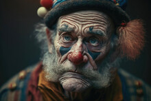 Generative AI Closeup Image Of Pensive Crop Senior Wrinkled Male Clown With Makeup And Attire Looking Away With Sad Eyes In Light Against Dark Background