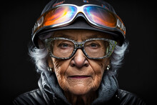 Generative AI Image Of Aged Gray Haired Female Racer With Wrinkles Wearing Helmet And Protective Glasses While Smiling And Looking At Camera Against Blurred Background
