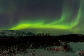 imagen de un paisaje nocturno nevado, con una aurora boreal en el cielo nocturno de islandia