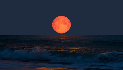 Wall Mural - Super moon. Colorful sky with cloud and bright full moon over seascape.