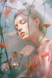 © Uncanny Valley - Portrait of young beautiful gentle girl in nature, fresh spring meadow flowers in morning fog and smoke. Pastel pink background. Generative AI.