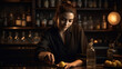 Girl barman makes a cocktail. Generative AI.