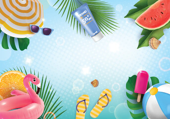 Wall Mural - Summer Travel and Tourism Concept Background with Sunscreen, Sliced Watermelon and Flamingo Swimming Ring. Vector illustration