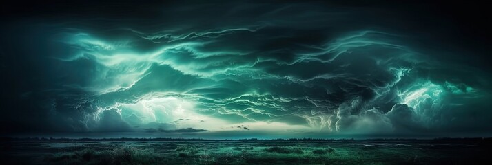 Wall Mural - midnight stormscape a hauntingly beautiful fusion of black green and blue hues illuminated by flashe