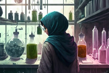 Sticker - A girl in a hijab works in a biological laboratory, a view from the back, created with generative ai