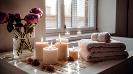 Beautiful and relaxing spa with candles, flowers, and towels. natural light coming from the window.