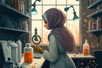 Wall Mural - A girl in a hijab works in a biological laboratory, a view from the back, created with generative ai