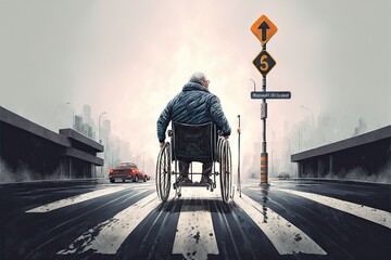 Canvas Print - Handicapped man looking straight ahead while crossing road zebra on wheelchair., created with generative ai