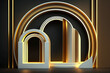 © ADDICTIVE STOCK - Generative AI illustration of golden arched architectural design illuminated in contemporary modern studio