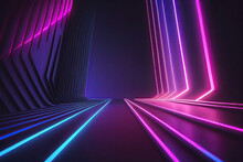 Generative AI Illustration Of Abstract Background Of Futuristic Corridor With Purple And Blue Neon Lights