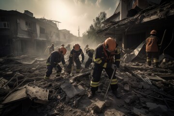 Firefighters Rescue Survivors from Rubble.Courageous firefighters work tirelessly to save lives after an earthquake. Generative AI