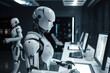 © ADDICTIVE STOCK - Generative AI image of group of robots sitting at table and working on laptops while looking at screen in modern office and using artificial intelligence