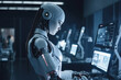 © ADDICTIVE STOCK - Generative AI image of humanoid female model robot standing and working with machines in office