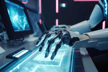 Generative AI image of unrecognizable model of futuristic robot sitting at desk and using fingers near computer monitor for measuring and monitoring programmed jobs