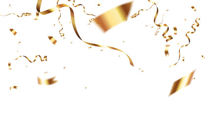 Poster - Falling shiny golden confetti isolated on white background. Bright festive gold-colored tinsel with blur elements. Vector	
