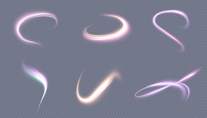 Poster - A bright plume of luminous rays swirling in a fast spiraling motion. Light pink swirl. Light effect curve blue-gold line. Vector