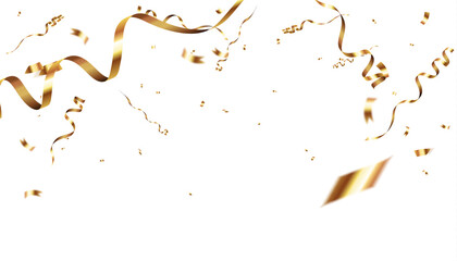 Poster - Falling shiny golden confetti isolated on white background. Bright festive gold-colored tinsel with blur elements. Vector