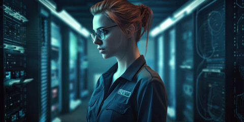 Poster - woman it technician monitoring modern high-tech data center. generative ai
