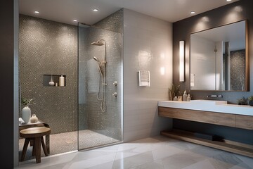 Spacious Mosaic Shower with Contemporary Chrome Accents.