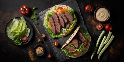 Wall Mural - From the roof: meat pita sandwich with sliced shaurma and salad, served on a dark bread. Generative AI