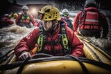 Fototapeta Panele - Rescuers search for people trapped in floods using rubber boats, Generative AI