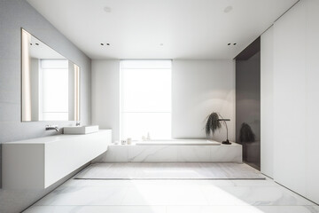  Minimalist bathroom in white and beige tones. Created with Generative AI technology.