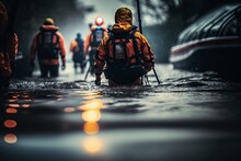 Rescuers Search For People Trapped In Floods Using Rubber Boats, Generative AI