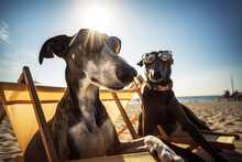 Greyhound Dogs In Sunglasses Lie On A Sun Lounger On The Beach Near The Ocean. Tourist Season Concept. Generative AI
