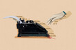 Leinwandbild Motiv Composite retro concept collage advertisement of nostalgia hand touch vintage mechanical keyboard author typewriter isolated on beige background