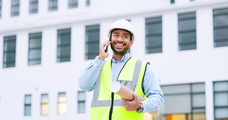 Poster - Excited, confident and happy architect talking on phone, agreeing to building plan for office development in city. Cheerful, ambitious contractor or surveryor negotiating blueprint deal on technology