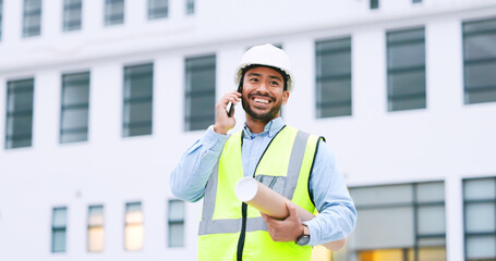 Poster - Excited, confident and happy architect talking on phone, agreeing to building plan for office development in city. Cheerful, ambitious contractor or surveryor negotiating blueprint deal on technology