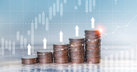 Double exposure saving and investment concept, Close up of rows of coins for finance and banking concept Coin finance investment diagram Savings for a growing business. Saving money concept.