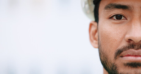 Poster - Face of construction manager wearing hardhat while standing outside on site with copy space. Closeup of civil engineer worker doing maintenance and repair work for building project
