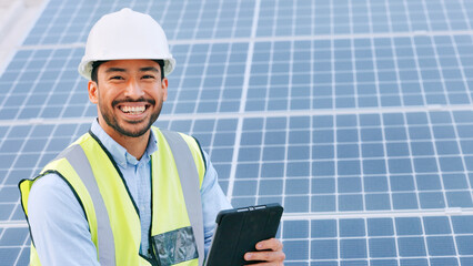 Poster - Solar, electricity and construction being done by an engineer while using a tablet for research or planning. Portrait of one young and cheerful architect smiling while browsing on technology