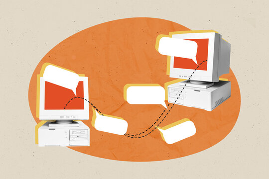 Composite collage portrait of two retro pc monitors empty space dialogue message bubble isolated on painted background