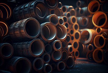 Wall Mural - Stack of Cast iron pipes for sewerage ready for transportation and logistic. Generative AI