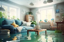 Flooded In Interior House, Generative AI