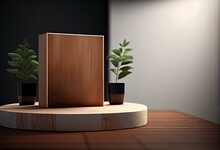 Empty Wooden Podium On Table Over Modern  Background. Interior Mock Up For Design And Product Display. Generative AI