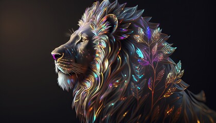 Lion head with colorful feathers with laser transparent on black background. Generative AI