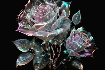 Poster - Neon rose laser transparent on a black background. Generative AI