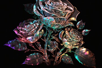 Poster - Neon rose laser transparent on a black background. Generative AI