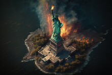 Statue Of Liberty Burning In New York City Illustration Generative Ai