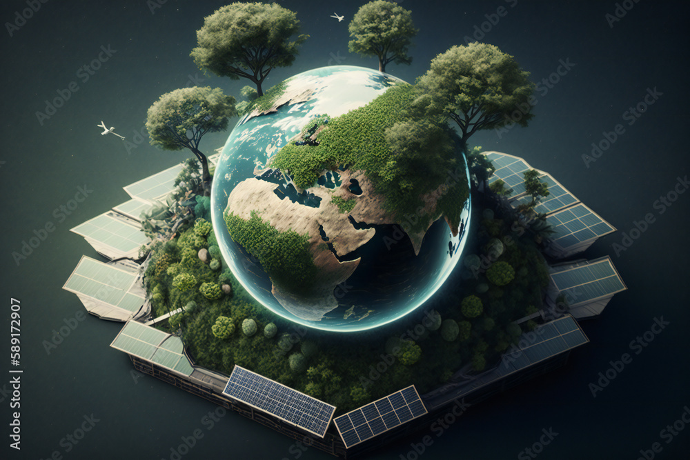Futuristic Planet Earth Abstract Artwork With Solar Panels Renewable 