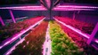 A high-angle shot of a greenhouse with a hydroponic system and LED grow lights. Generative AI