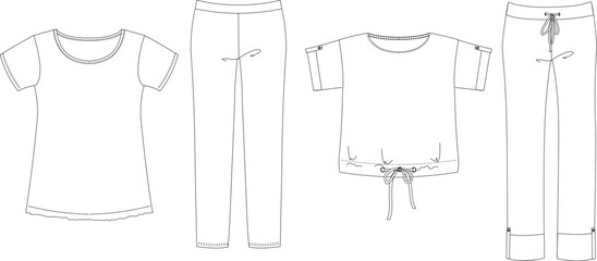 Wall Mural - Pajamas technical sketch. Women outline nightwear design template isolated on white background.